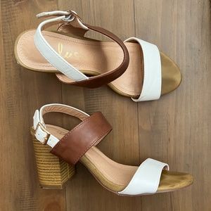 Brown and White Block Heel Sandals